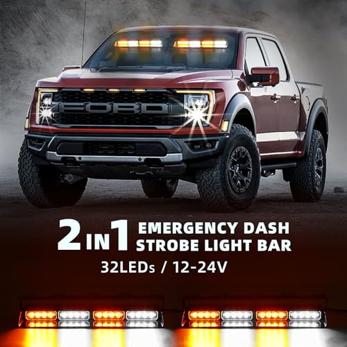 2 in 1 LED Emergency Dash Strobe Light Bar Front/Rear Windshield Safety Flashing Warning Hazard Interior Lights for Police Firefighter Construction Vehicles Trucks (2x14 inch, Amber/White) - color: #01 Amber/White