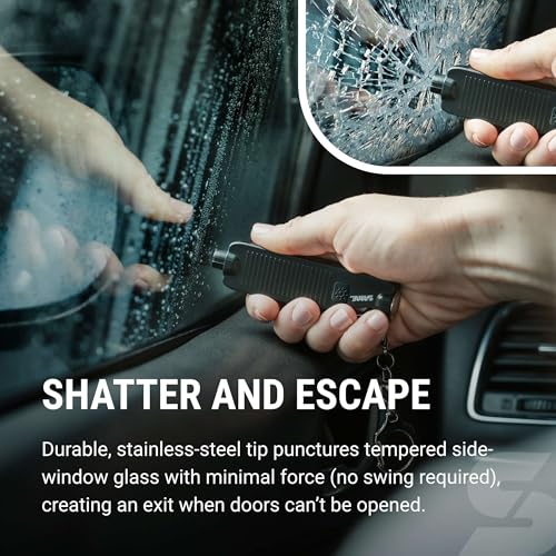 Sabre Safe Escape™ 3-in-1 Car Escape Tool for Car Safety with Spring-Loaded Window Breaker, No Swing Required, Seat Belt Cutter, LED Flashlight, Compact Auto Safety Tool for Emergencies - color: Black