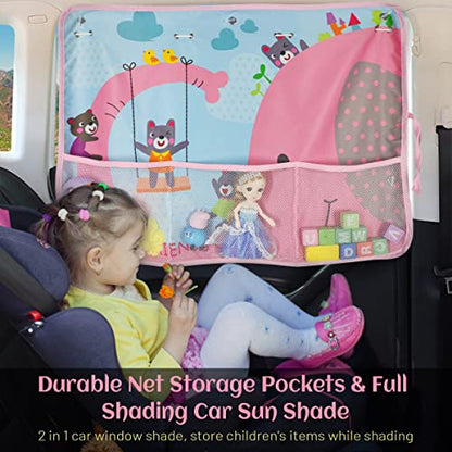 DIZA100 Car Sun Shade for Window Baby, 2 Pack Full Shade Window Shades with Storage Net Pocket, 7 Suction Cups, Cute Elephant for Sun/Heat/UV Rays Protection, Kids - color: Elephant-2pcs