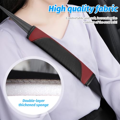 2PCS Carbon Fiber Car Seat Belt Cover, Leather Comfortable Soft Vehicle Seatbelt Pad for Shoulder & Neck, Automotive Interior Seat Strap Cushion Mat, Universal Fit (Black/Wine Red) - color: Black/Wine Red