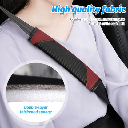 2PCS Carbon Fiber Car Seat Belt Cover, Leather Comfortable Soft Vehicle Seatbelt Pad for Shoulder & Neck, Automotive Interior Seat Strap Cushion Mat, Universal Fit (Black/Wine Red) - color: Black/Wine Red