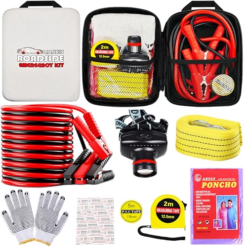 LIANXIN Car Emergency Roadside Tool Kit, Auto Emergency Kits Vehicles, with Jumper Cables kit，Car Safety Roadside Assistance Kit,Headlamp,Tow Straps,Tape Measure,Rainwear,Gloves.Gloves.Pale - color: pale