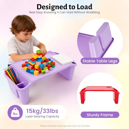 6 Pack Kids Lap Tray with Storage Slots, Stackable Portable Kids Lap Desk, 20" L X 10" W X 7" H Plastic Table Kids Activity Tray for Writing Eating Drawing Reading (Red, Green, and Purple) - color: Red+green+purple