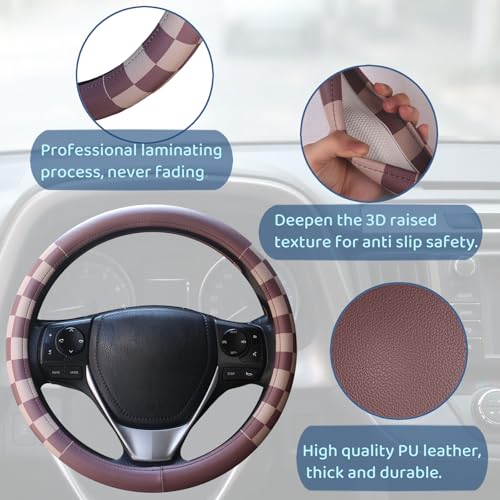 Women Checkered Steering Wheel Cover,Breathable Non-Slip PU Leather Universal 15 Inch Steering Wheel Protector,Fashion Checkerboard Car Interior Car Accessories SUV Truck Men - color: Brown