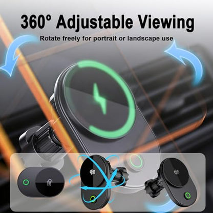 TeSabMi Magnetic Wireless Car Charger Mount with Active Cooling, Up to 25W Fast Charging for Compatible iPhone 17/16, Strong Magnet Air Vent Phone Holder, 360 Rotation, Fits iPhone 17/16/15/14/13/12