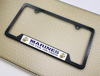 [Officially Licensed USMC Product] - Stainless Steel Black CAR 2-Hole Standard Size - Domed Custom-Made Corrosion-Resistant License Plate Frame with US Marines. The Few The Proud & Free caps -(Qty:1) - size: Marines - Style 2