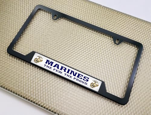 [Officially Licensed USMC Product] - Stainless Steel Black CAR 2-Hole Standard Size - Domed Custom-Made Corrosion-Resistant License Plate Frame with US Marines. The Few The Proud & Free caps -(Qty:1) - size: Marines - Style 2