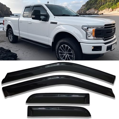 Tape-on Side Car Window Rain Guards Vent Sun Visors Window Deflectors for 2015-2023 F-150 SuperCab/Extended Cab Sun Shade Dark Smoke 4PCS - size: For 2015+ F150 Extended Cab