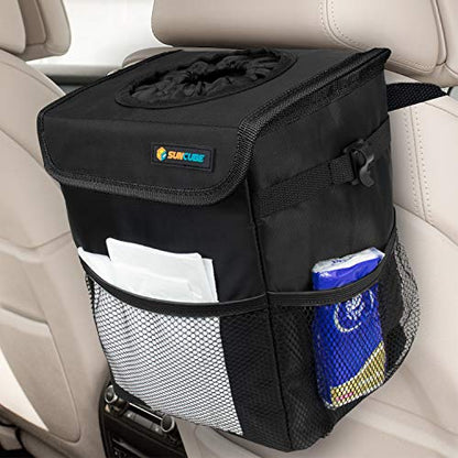 SUN CUBE Waterproof Car Trash Can with Lid, Mesh Pockets | Leakproof Car Garbage Can Hanging | Auto Trash Bin, Garbage Bag Organizer for Headrest, Console, Truck (Black) - color: Black