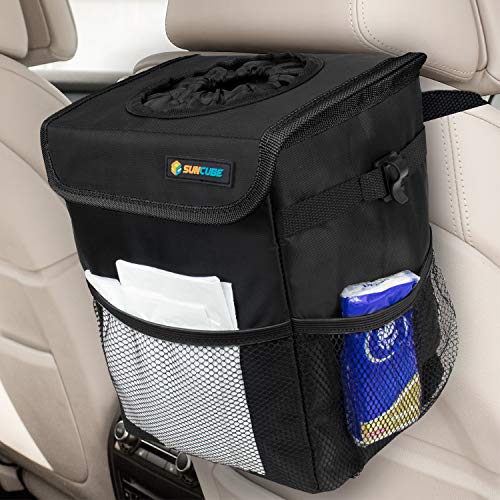 SUN CUBE Waterproof Car Trash Can with Lid, Mesh Pockets | Leakproof Car Garbage Can Hanging | Auto Trash Bin, Garbage Bag Organizer for Headrest, Console, Truck (Black) - color: Black