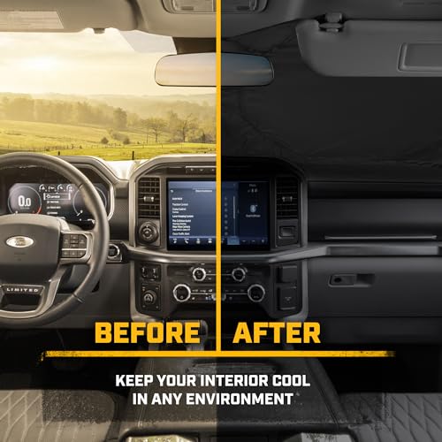 Cat Auto Shade for Car/Truck Windshield Pop-Up Sunshade UV Reflective Sun Shade Black with Yellow Tire Tracks – Jumbo Size 64” x 32” - color: Black XL