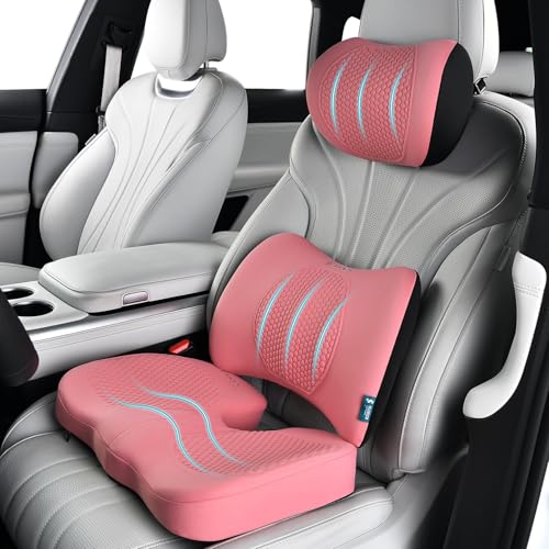 FLORICH 3 PCS Seat Cushion for Carseat Lumbar Support Pillow Car Neck Headrest Pillows Memory Foam Gel Memory Foam Massage Point Seat Pads Pressure Relief Back Cushion for Office Chair(Pink) - color: Pink, size: Cushion+lumbar+headrest
