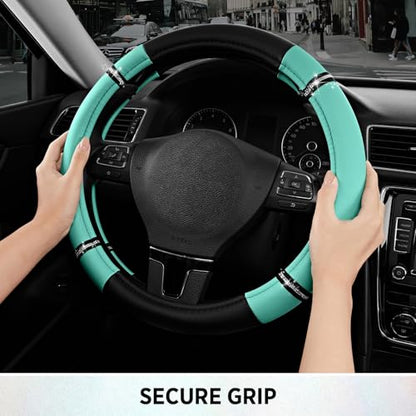 Road Comfort Leather Steering Wheel Cover – Premium Anti-Slip Car Steering Wheel Grip Cover – Universal Fit for 14.5”–15” Cars, Trucks & SUVs - Mint - color: Mint