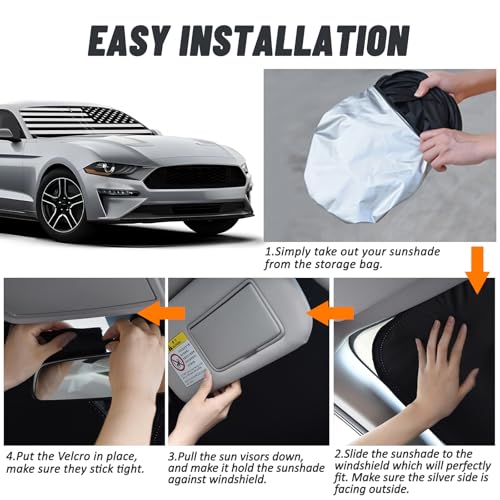 D-Lumina Windshield Sun Shade for 2015-2025 Fo-rd Mustang (NOT for Fo-rd Mustang Mach-E), Front Window Sunshade American Flag Sun Visor Sun Shield Block UV Rays Heat, Foldable 2 Layers 210T Material - size: Silver & Black-Fit 2015-2025 Ford Mustang