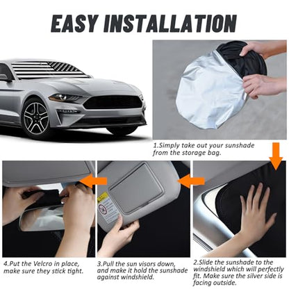 D-Lumina Windshield Sun Shade for 2015-2025 Fo-rd Mustang (NOT for Fo-rd Mustang Mach-E), Front Window Sunshade American Flag Sun Visor Sun Shield Block UV Rays Heat, Foldable 2 Layers 210T Material - size: Silver & Black-Fit 2015-2025 Ford Mustang