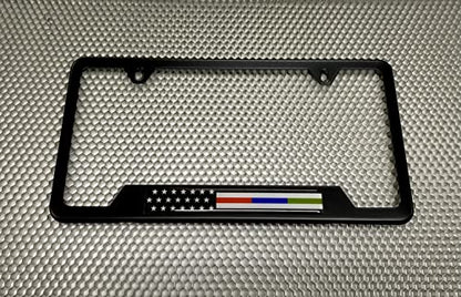 Black Stainless Steel CAR 2-Hole Standard Size - License Plate Frame with First Responders - Law Enforcement, Military and Fire Thin Line USA Flag Design and Free caps - (Qty:1 Frame) - size: Police, Military and Fire