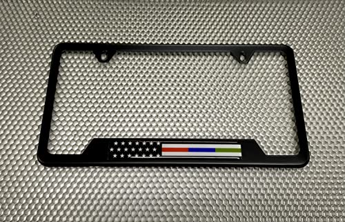 Black Stainless Steel CAR 2-Hole Standard Size - License Plate Frame with First Responders - Law Enforcement, Military and Fire Thin Line USA Flag Design and Free caps - (Qty:1 Frame) - size: Police, Military and Fire