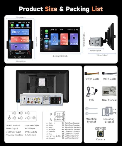 MAHVEC 10.4'' Single Din Car Stereo with Wireless CarPlay Android Auto, HD Rotation Touchscreen Radio with Bluetooth, USB, Mirror Link, SWC, Car Play, FM/RDS Radio, Backup Camera
