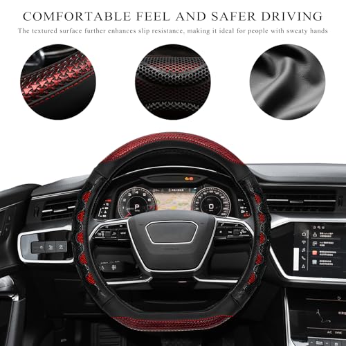Car Steering Wheel Cover, 15 Inch Anti-Slip Steering Wheel Cover Protector with 3D Honeycomb Design, Universal Steering Wheel Covers for Cars Truck SUV, Car Accessories (Red) - color: Red