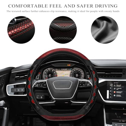Car Steering Wheel Cover, 15 Inch Anti-Slip Steering Wheel Cover Protector with 3D Honeycomb Design, Universal Steering Wheel Covers for Cars Truck SUV, Car Accessories (Red) - color: Red