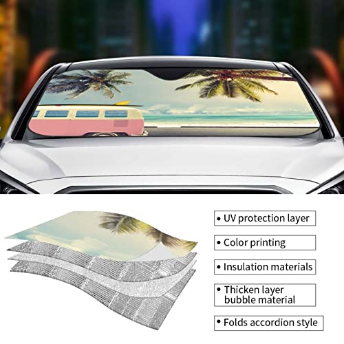 Beach Car Windshield Sunshade Foldable Sun Visor Front Window Sun Shade Cover For Car Truck Suv 55x29.9 Inches - color: Beach Car
