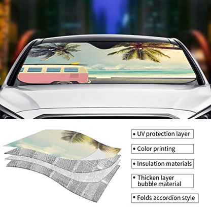 Beach Car Windshield Sunshade Foldable Sun Visor Front Window Sun Shade Cover For Car Truck Suv 55x29.9 Inches - color: Beach Car