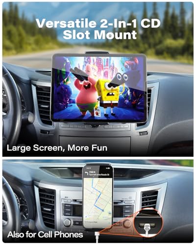 APPS2Car for Sturdy iPad Holder for Car CD Slot Tablet Mount, 2-in-1 Universal 4.7-11" Holder for iPad Pro 11 Air Mini, iPhone, Galaxy Z Fold, Adjustable 360° Rotation, Road Trip Essentials - style: 1st Generation
