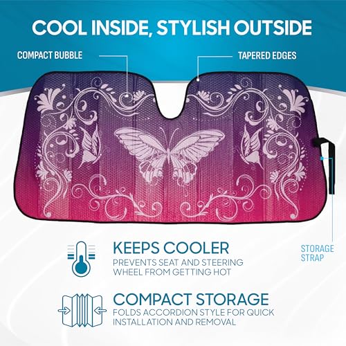 BDK Pink Butterfly Front Windshield Sunshade Accordion Folding Style Auto Shade for Cars Trucks SUVs Vans Blocks UV Rays Sun Visor Protector Easy Setup Keeps Your Vehicle Cool 58" x 27"