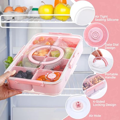 LUXEAR 2Pack 8-Compartment Divided Serving Tray with Lid and Handle - Airtight Leakproof Snackle Box Charcuterie Container for Fridge, Picnic, Party, Travel - BPA-Free Dishwasher Safe(Pink) - size: 2pack Pink