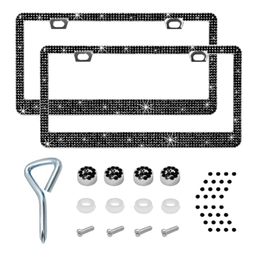 Ziciner 2PCS Bling License Plate Frame, Sparkly License Plate Tag Cover with Multifaceted Rhinestones, Stainless Steel Crystal License Plate Holder (Black) - color: Black, 2PCS