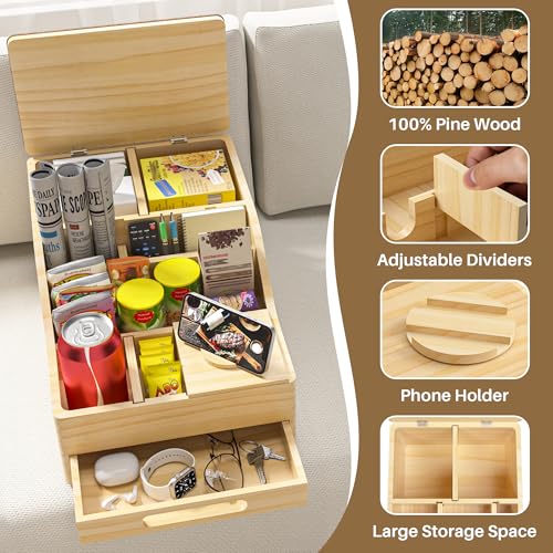 Couch Caddy with Cup Holders, Multi-Use Sofa Table with Flip Top Push-Pull Drawer, Sturdy Pine Wood Hold Hands Couch Cup Holder for Car, Living Room, Bedroom, Vanity