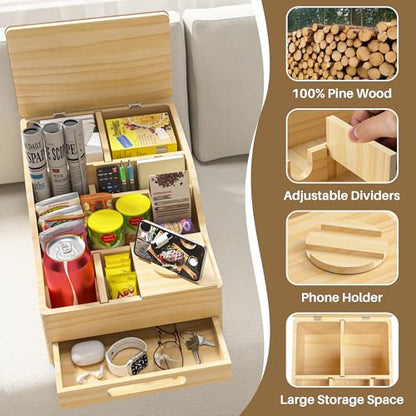 Couch Caddy with Cup Holders, Multi-Use Sofa Table with Flip Top Push-Pull Drawer, Sturdy Pine Wood Hold Hands Couch Cup Holder for Car, Living Room, Bedroom, Vanity