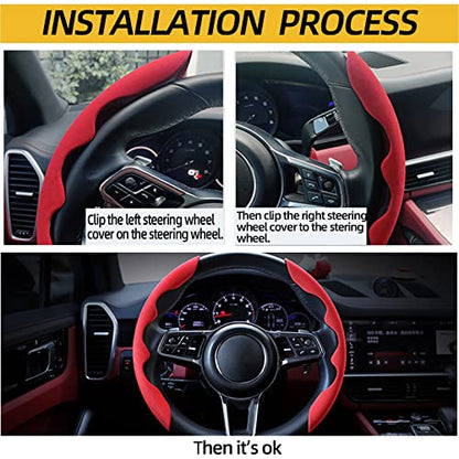 New Fluffy Anti-Skid Steering Wheel Cover Segmented Protector Safe and Non Slip Car Accessory and Durable Easy to Install for Steering Wheels of Universal Fit 99% Car (Suede Material Red) - color: Suede material Red