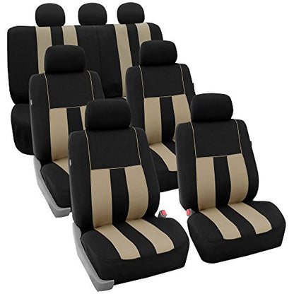 FH Group Three Row Striking Striped Full Set Car Seat Covers, Airbag Compatible & Split Ready – Universal Fit for Cars Trucks & SUVs Beige - color: Beige, size: 3 Row/7 Seater