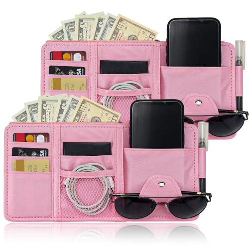 Keedolla 2 Pack Car Sun Visor Pocket Organizer, Auto Interior Accessories Car Truck Visor Organizer Storage Pouch Case Bag for Cards, Pens and Documents - Pink - color: 2 Pack-Pink