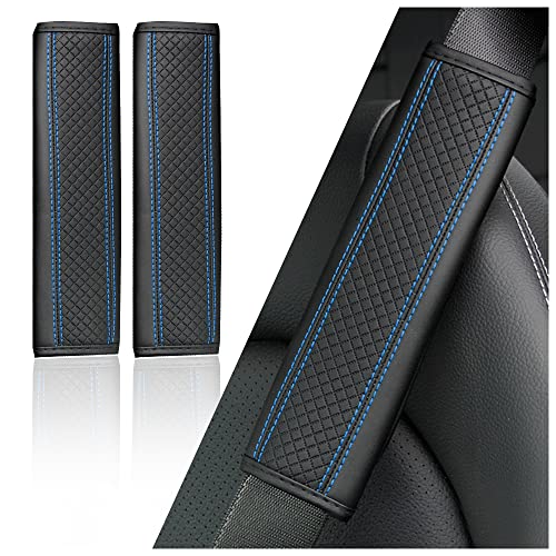 2PCS Car Seat Belt Cover Pad,Breathable Leather Seatbelt Covers for Shoulder Protection and Car Decorations,Universal Seatbelt Cushion Adding Car Seat Strap Pads Car Accessories Interior (Black/Blue) - color: Black/Blue