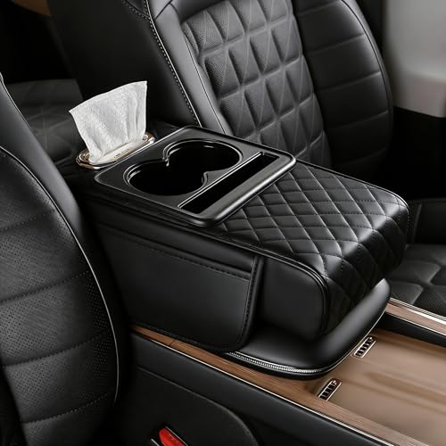 Car Armrest Cushion, Car Center Console Cover, Leather Armrest Cover for Car, Universal Middle Console Cushion with Storage Box, Cup Holder, Phone Slot, Waterproof Interior Accessories (Black) - color: Black