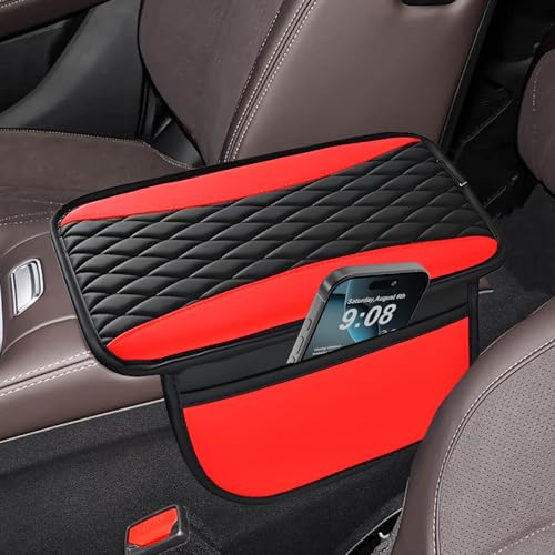 Center Console Cover, Patchwork Leather Arm Rest Cover with Storage Bag Thin Middle Console Cover Arm Rest Pad, Car with Side Storage Pocket for Car Seat Organizer for Sedan Car 12.7" x 7.5"(Red) - color: red