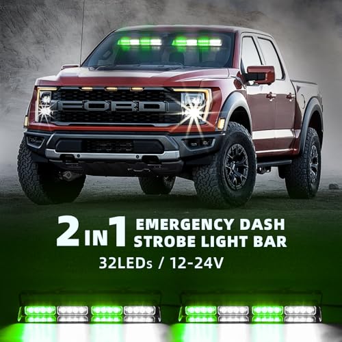 2 in 1 LED Emergency Dash Strobe Light Bar Front/Rear Windshield Safety Flashing Warning Hazard Interior Lights for Police Firefighter Construction Vehicles Trucks (2x14 inch, White/Green) - color: #13 White/Green