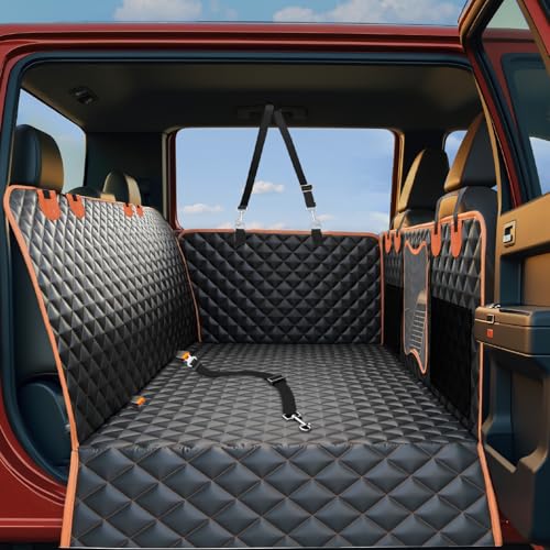 Back Seat Extender for Dogs,Dog Car Seat Cover for Back Seat with Hard Bottom Holds 500 lbs,Car Seat Protector,Waterproof Extender for Dogs,Pet Bed for Full Size F150/RAM1500/Silverado Crew Cab Pickup - color: Black with Orange, size: For Full Size Truck