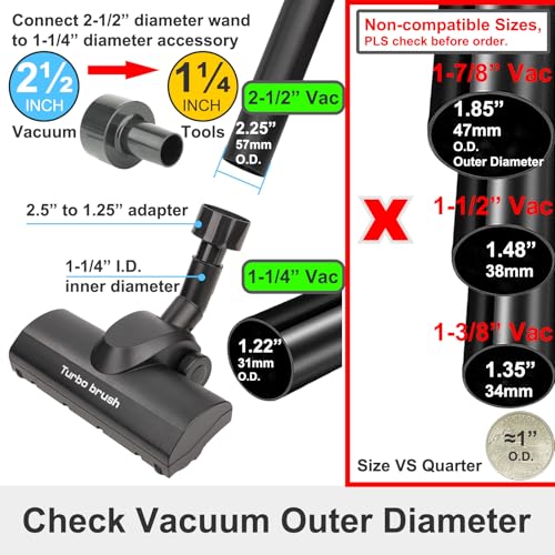 Turbo Brush Head Shop Vac Accessory 1.25" with 2.5" Hose Adapter, as 1-1/4" 2-1/2" Shopvac Attachment Wet Dry Vacuum Adaptor, Ideal for Pet Hair Removal on Carpets Area Rugs Hardfloors - style: Turbo Brush