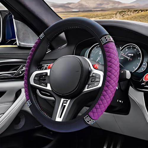 ZIMISI Bling Soft Leather Steering Wheel Cover, 15" Anti-Slip Sparkly Crystal Auto Elastic Steering Wheel Protector for Women Girl, Colorful Diamond Car Interior Accessory for Most Cars (Purple) - color: Purple