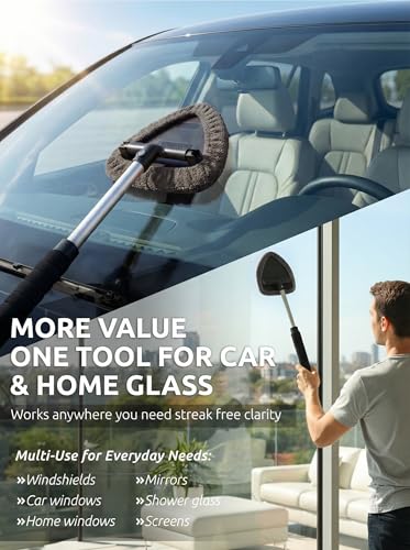 TAKAVU Car Window Cleaning Tool, Windshield Wiper Cleaner with Extendable Long-Reach Handle, 3 Washable Reusable Microfiber Bonnets, Car & Home Inside Interior Exterior Use - Lint Free (Grey) - color: Black & Grey