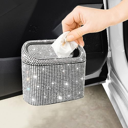 Accmor Bling Car Trash Can with 30pcs Garbage Bags, Vehicle Trash Bin with Lid Auto Dustbin Organizer Garbage Storage, Sparkling Crystal Mini Trash Container Holder - color: Black/White Rhinestone