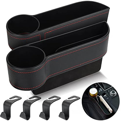 2 Set Car Seat Gap Organizer, Car Gap Filler Storage Boxes, PU Leather Front Seat Console Side Pocket Bags with Cup Holder 4 Hooks, Automotive Storage Box for Phone, Drinks, Cards, Sunglasses, Black
