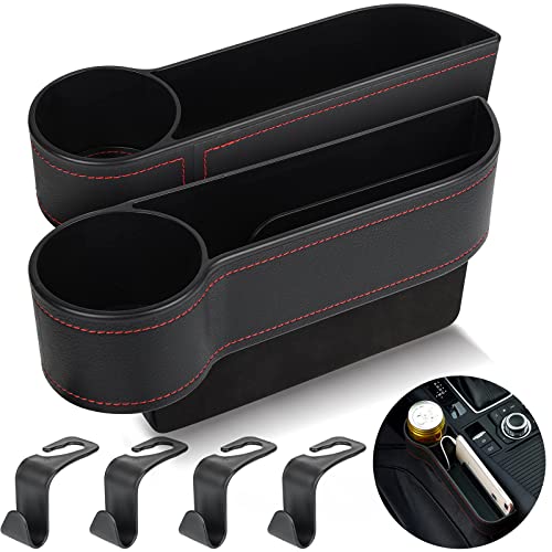 2 Set Car Seat Gap Organizer, Car Gap Filler Storage Boxes, PU Leather Front Seat Console Side Pocket Bags with Cup Holder 4 Hooks, Automotive Storage Box for Phone, Drinks, Cards, Sunglasses, Black