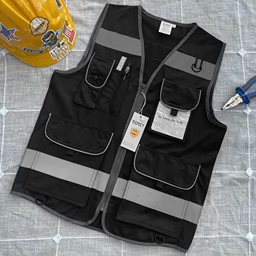 TCCFCCT Hi Vis Vest, 9 Pockets High Visibility Reflective Safety Vest for Men Women, Safety Construction Vest with Reflective Strips, Meets ANSI/ISEA Standards, (Black, Medium) - color: Black Fabric-bison 001, size: Medium