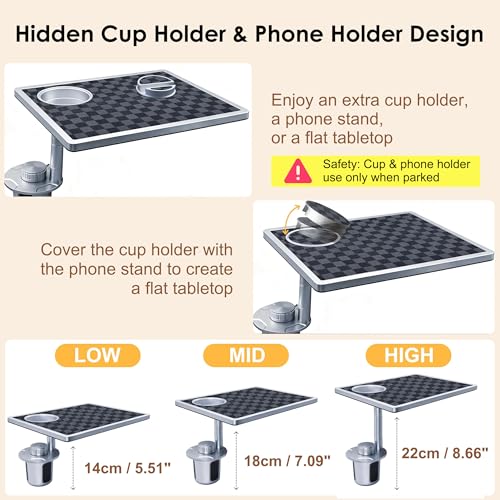 Car Food Tray & Car Table Tray with Car-Grade Aluminum Cup Holder & Phone Stand,360° Rotating Car Desk for Laptop & Eating, Compatible with Tesla Model Y/3/S, Best Fit Round Cup Holder (2.28" - 3.66") - color: 𝗦𝗾𝘂𝗮𝗿𝗲 · Grey&Black