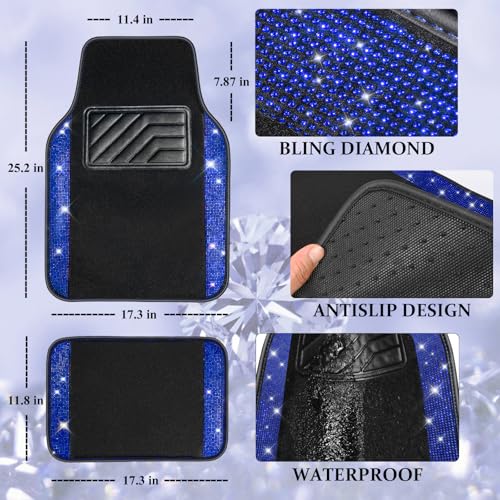 CAR PASS Bling Rhinestones Diamond Car Floor Mat,Sparkly Glitter Shining Crystal Carpet Anti-Slip PVC Heel Pad Waterproof Universal for Automotive SUV,Sedan,Van,4pcs Girl Pretty Women Men Black Blue - color: Blue Diamond
