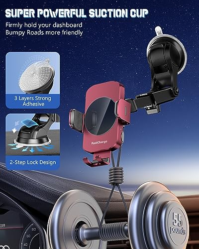 BothLin Wireless Car Charger, Fast Charging Phone Holder 3 in 1 Phone Mount Auto Clamping Car Accessories Compatible with iPhone 17 16 15 14 13 12 11 Xs XR, Samsung S23 Ultra S22 S21 S20(Deep Red) - color: Deep Red
